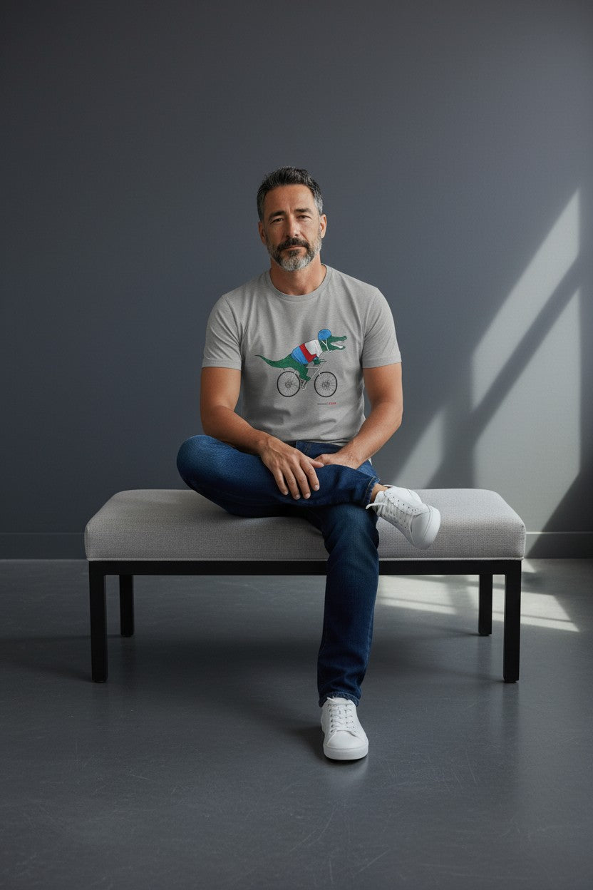 Man sitting on a bench wearing a gray t-shirt with a graphic design. Lacoste, Monza Outlet, Monza Fashion, Shein Outlet