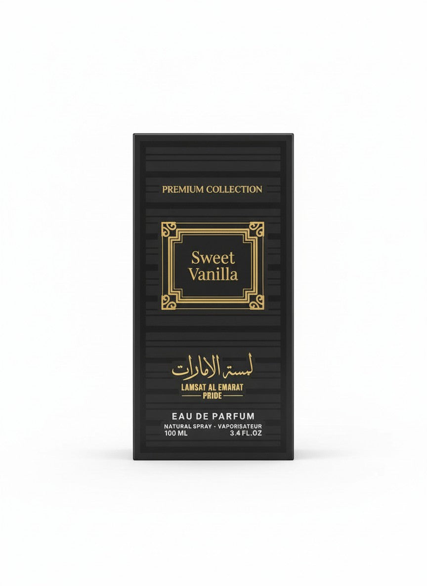 Black and gold perfume packaging labeled 'Sweet Vanilla' on a white background. Lamsat Al Emarat, Monza Outlet, Monza Fashion, Shein Outlet