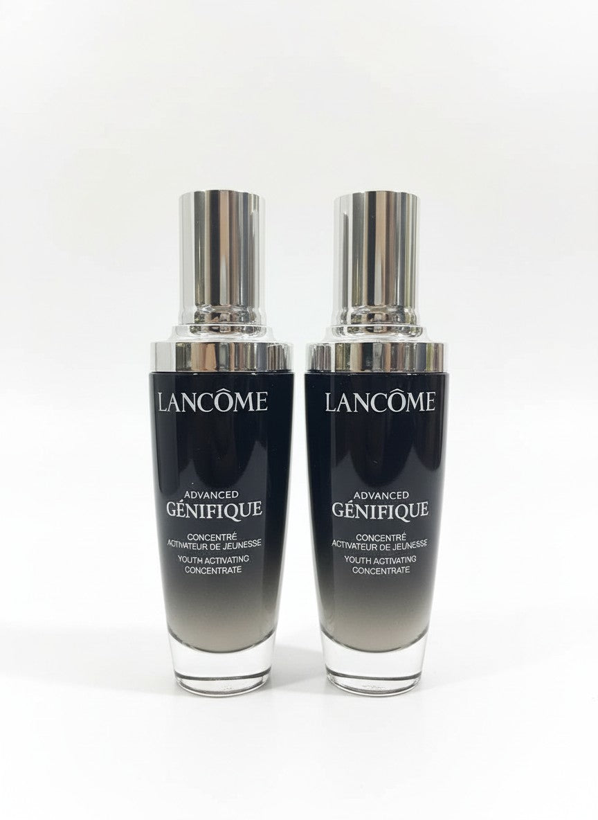 Two Lancème Advanced Génifique bottles on a white background. Lancome, Monza Outlet, Monza Fashion, Shein Outlet