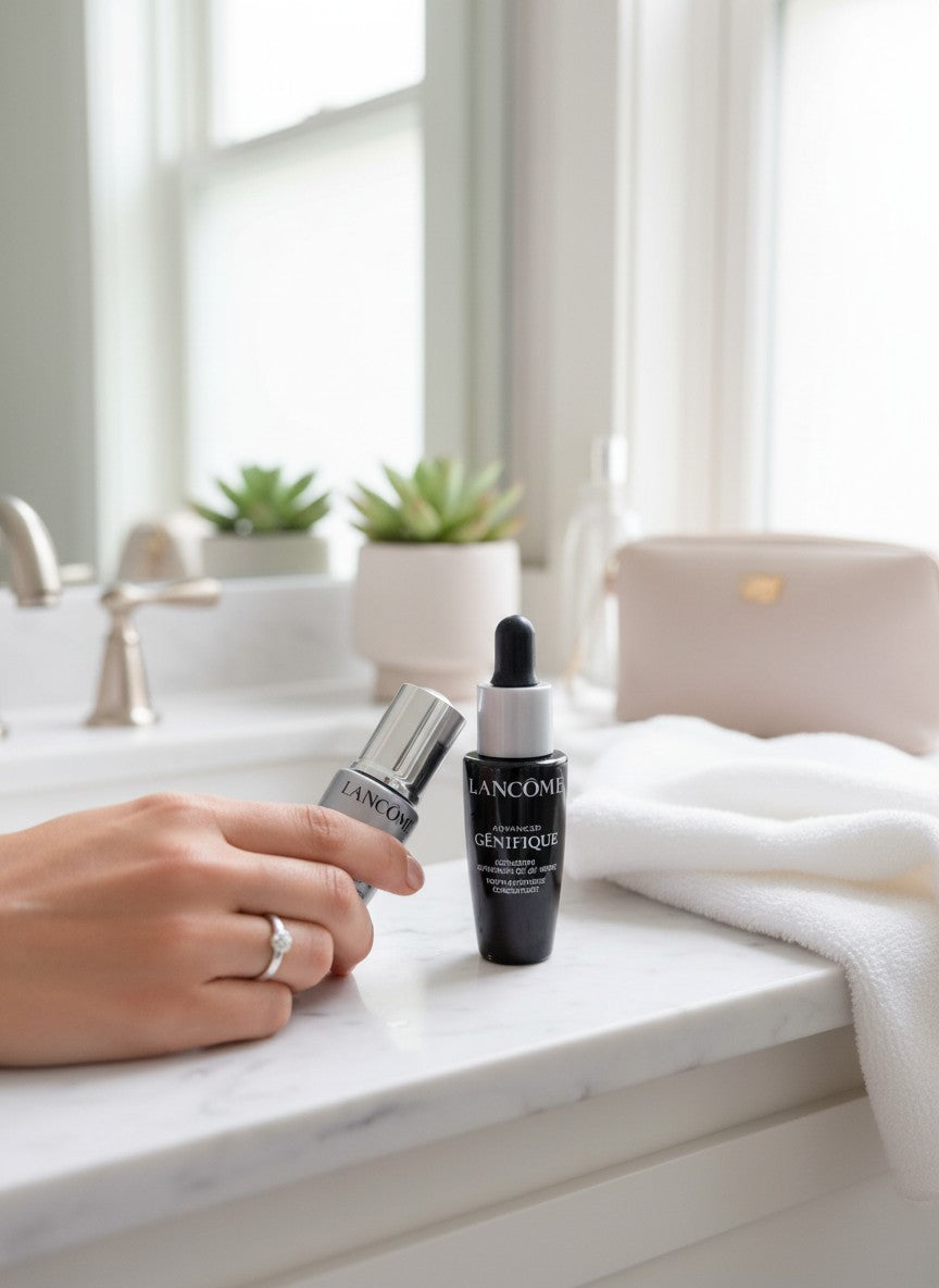Two Lancéme skincare products on a marble surface with a blurred background. Lancome, Monza Outlet, Monza Fashion, Shein Outlet
