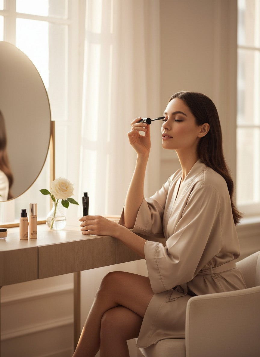 Woman applying makeup in a softly lit room with a mirror and vanity. Lancome, Monza Outlet, Monza Fashion, Shein Outlet