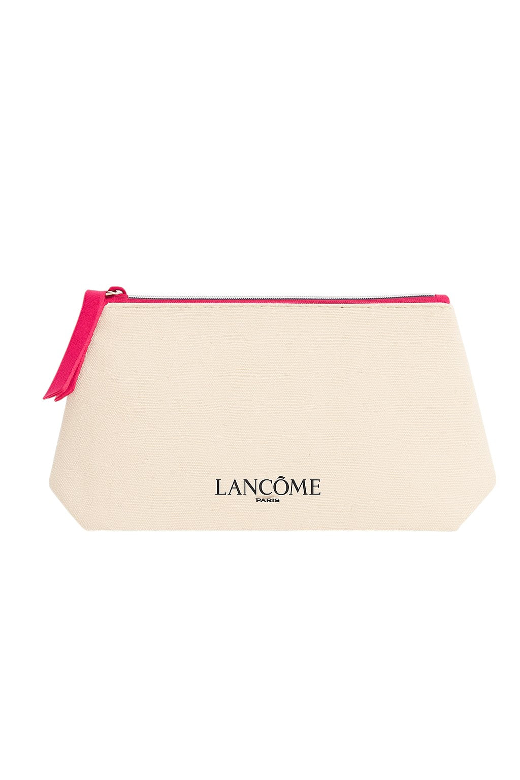 Beige cosmetic bag with pink zipper and Lancème logo on a white background Lancome Monza Outlet