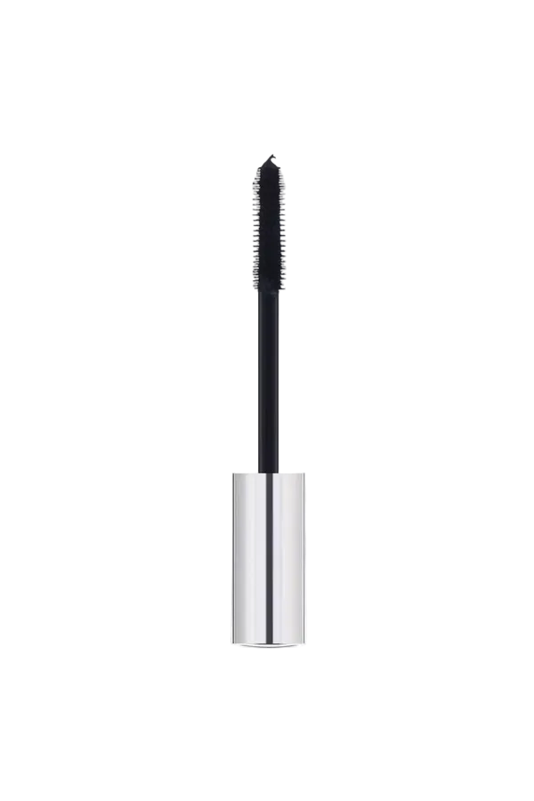Mascara with black brush and silver cylindrical container on a white background Monza fashion outlet, monza outlet, shein outlet, shien outlet cosmetics, makeup, perfume