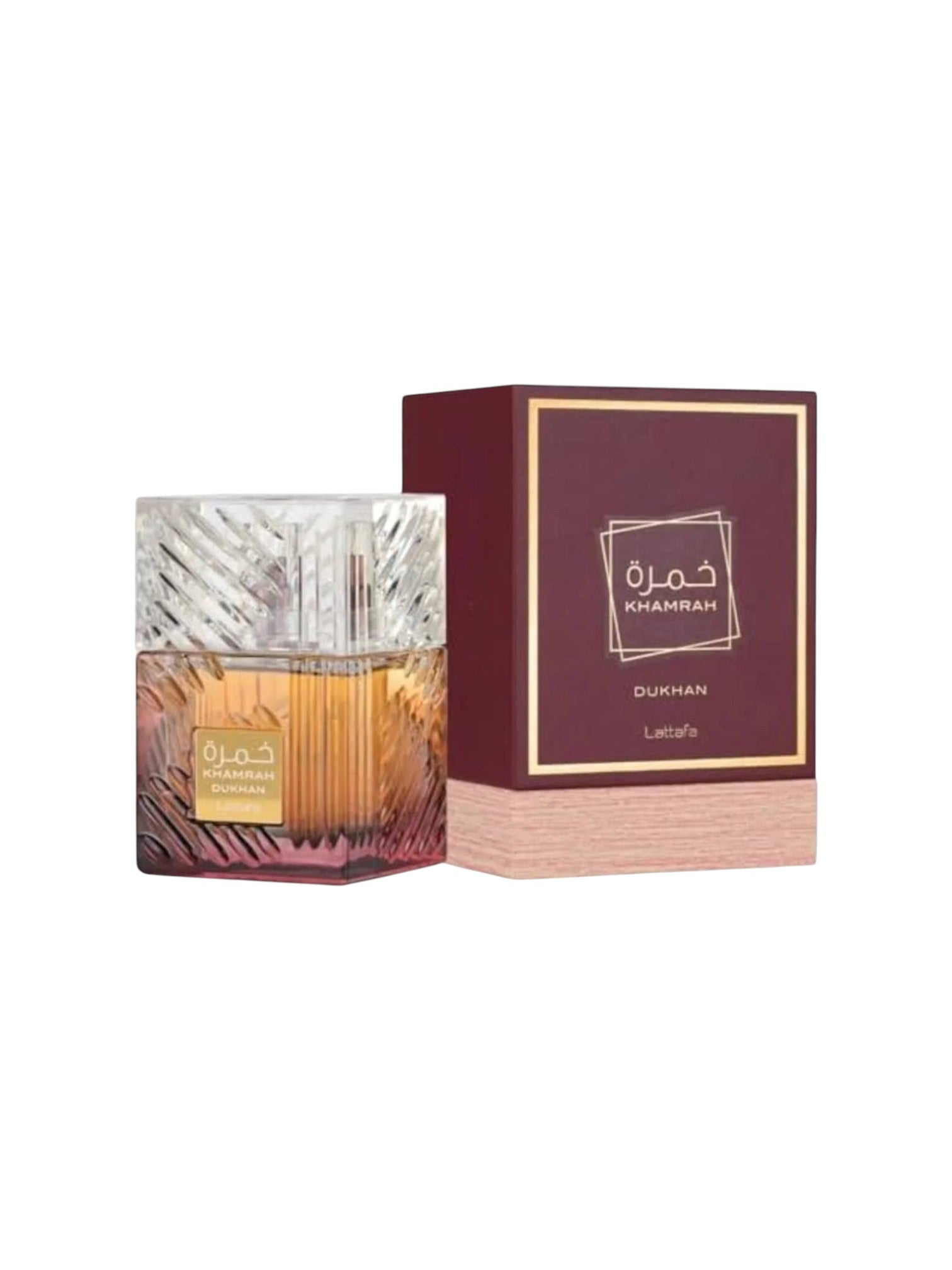 Perfume bottle and packaging with Khamrah branding on a white background. Lattafa, Monza Outlet, Monza Fashion, Shein Outlet