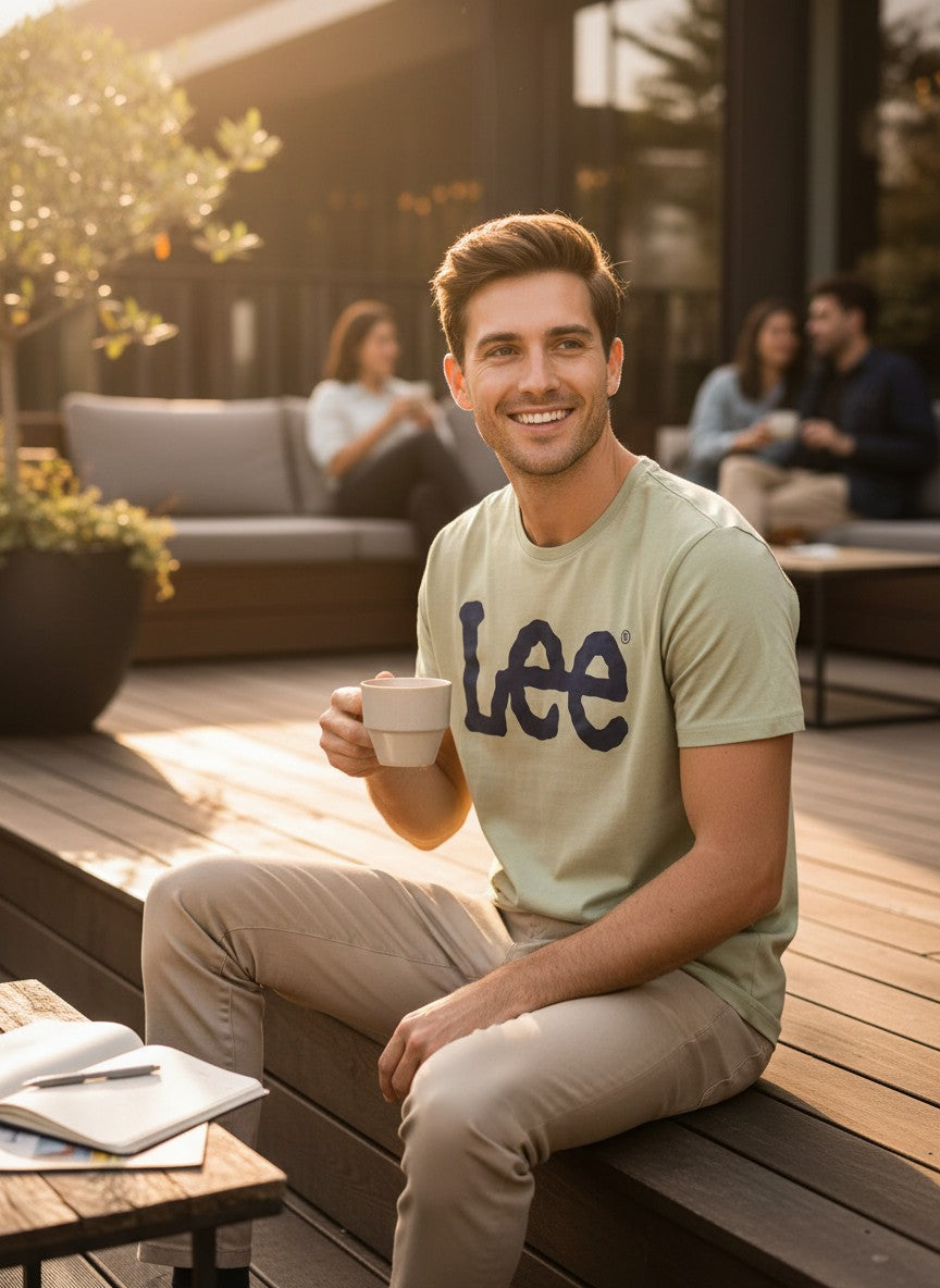 Man sitting outdoors holding a cup, wearing a 'Lee' t-shirt. Lee, Monza Outlet, Monza Fashion, Shein Outlet