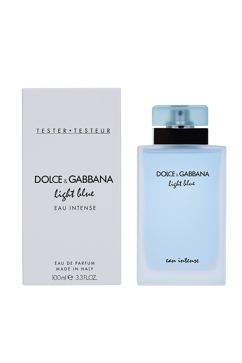 Dolce & Gabbana Light Blue Eau Intense perfume bottle and packaging on a white background Dolce Gabbana Monza Outlet