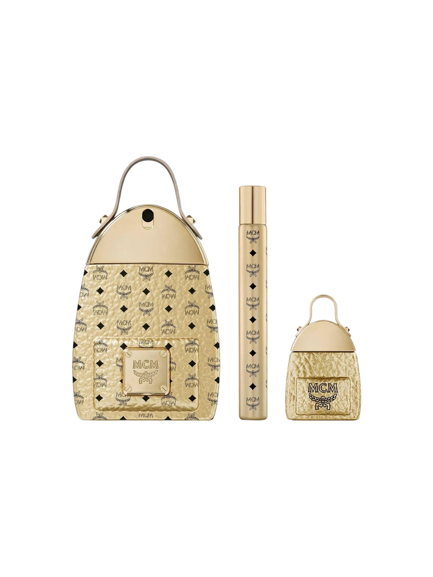 Beige textured handbag and two small bags on a white background. MCM Ultra, Monza Outlet, Monza Fashion, Shein Outlet