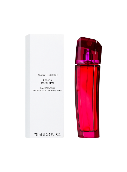 Red perfume bottle with white box on a white background