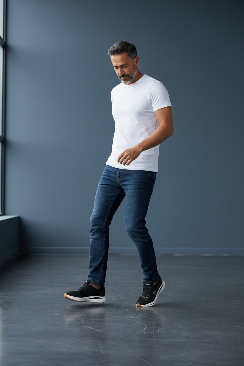 Man wearing a white t-shirt, blue jeans, and black sneakers against a gray background. Maklinit, Monza Outlet, Monza Fashion, Shein Outlet