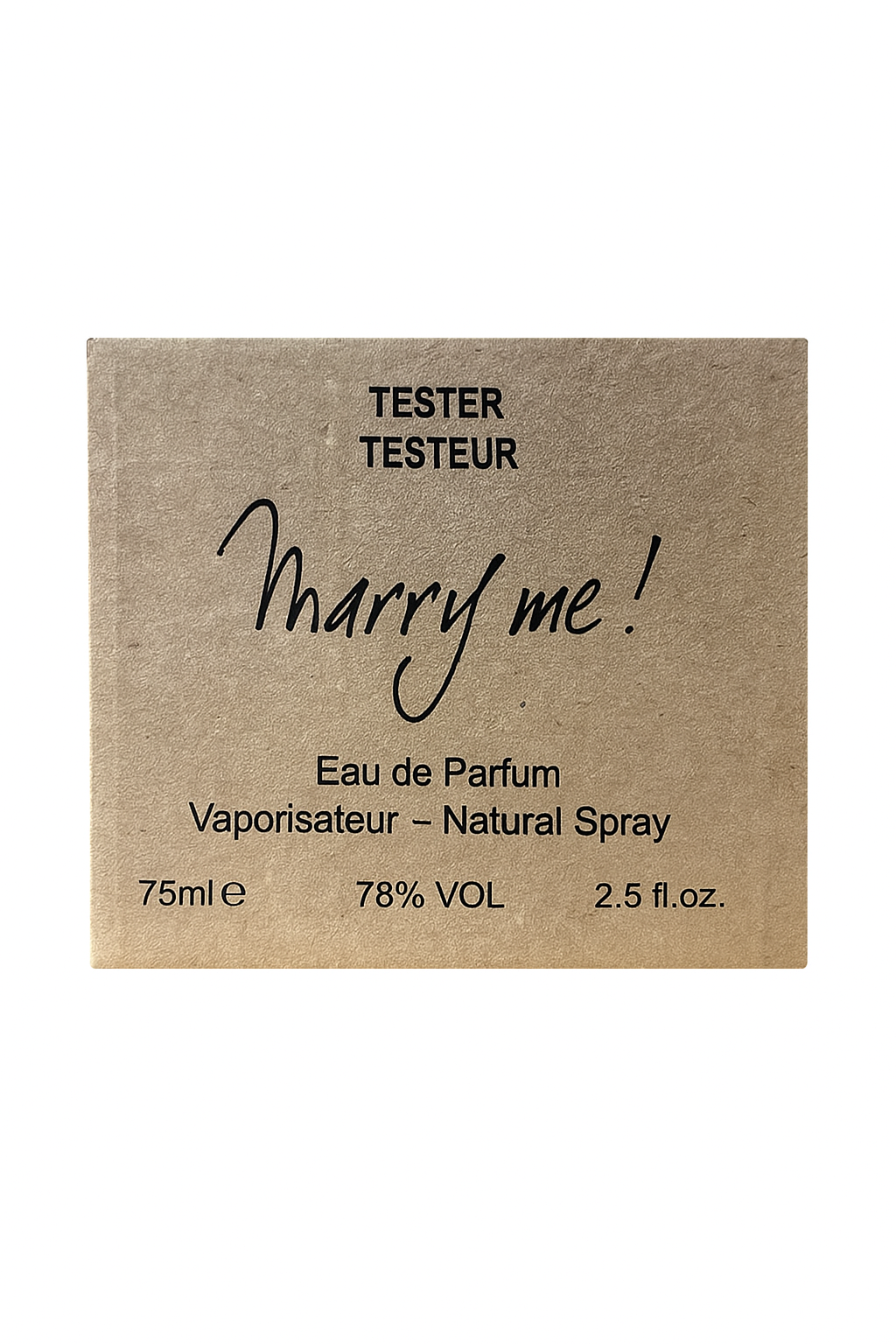Brown cardboard packaging for a perfume tester labeled 'Marry me!' on a white background.