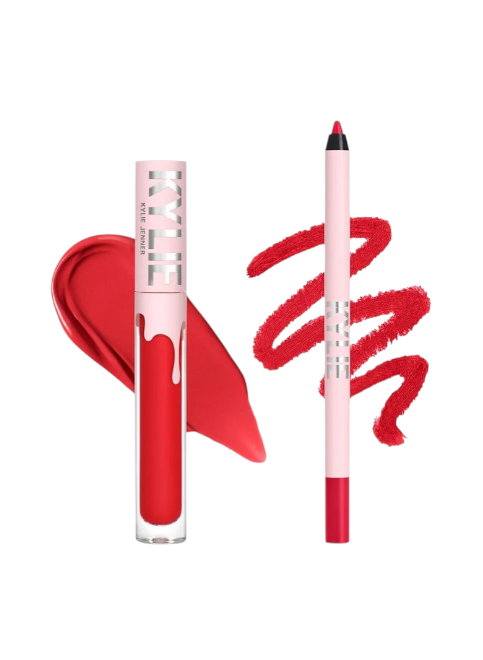 Red lipstick and lip liner with brand name on a white background Kylie Monza Outlet, Monza Fashion, Shein Outlet