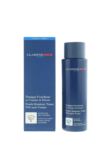 ClarinsMen Fresh Moisture Toner with Apple Vinegar packaging on a white background. Clarins, Monza Outlet, Monza Fashion, Shein Outlet