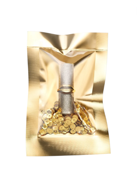 Gold foil packaging with a bottle and decorative elements on a white background. Pat McGrath Labs Monza Outlet