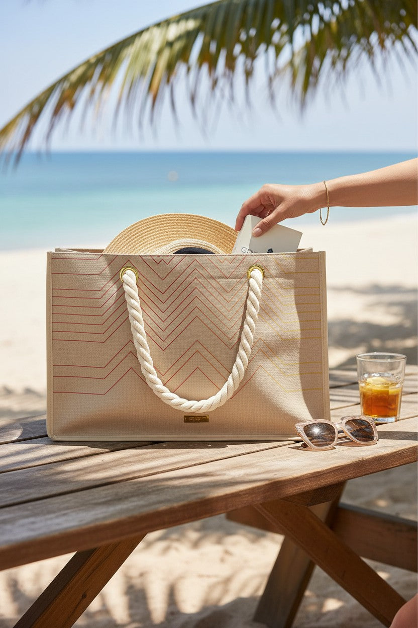 Beige tote bag with rope handles on a beach table, palm tree and ocean in the background. Missoni, Monza Outlet, Monza Fashion, Shein Outlet