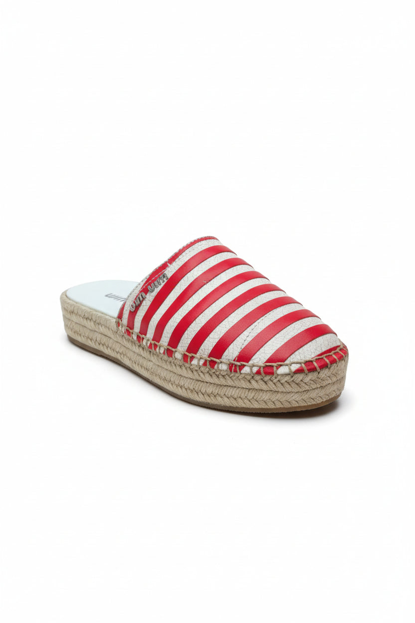 Red and white striped espadrille shoe on a white background. Miu Miu, Monza Outlet, Monza Fashion, Shein Outlet