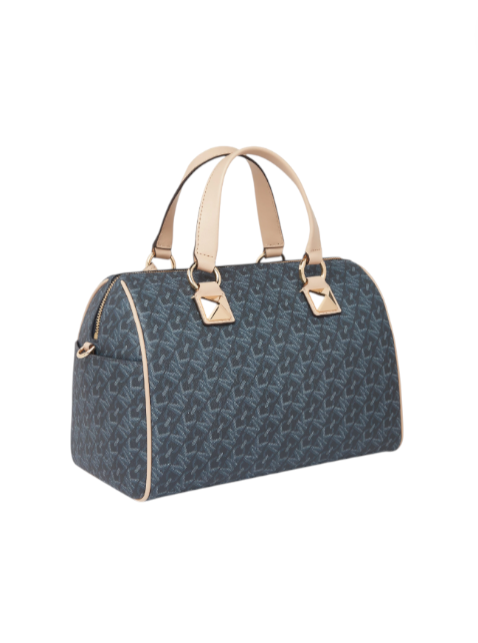 Blue patterned handbag with beige handles on a white background monza outlet, Shein outlet, monza fashion