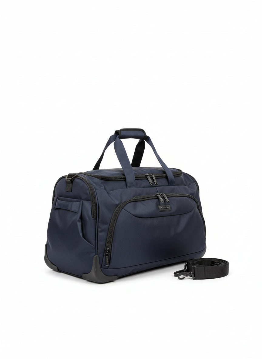 Navy blue duffel bag with a strap on a white background. Monza Italy, Monza Outlet, Monza Fashion, Shein Outlet