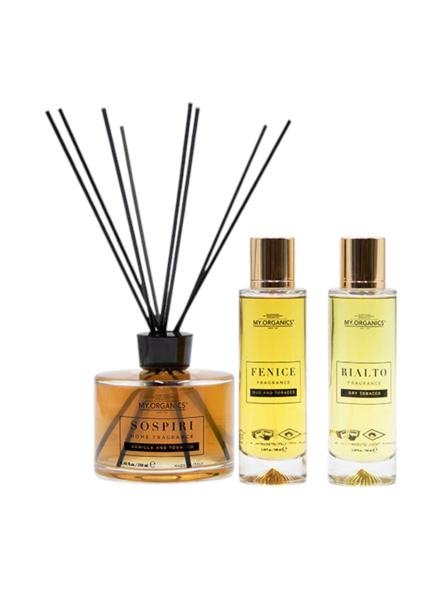 Set of diffusers and bottles with visible branding on a white background. My Organics, Monza Outlet, Monza Fashion, Shein Outlet