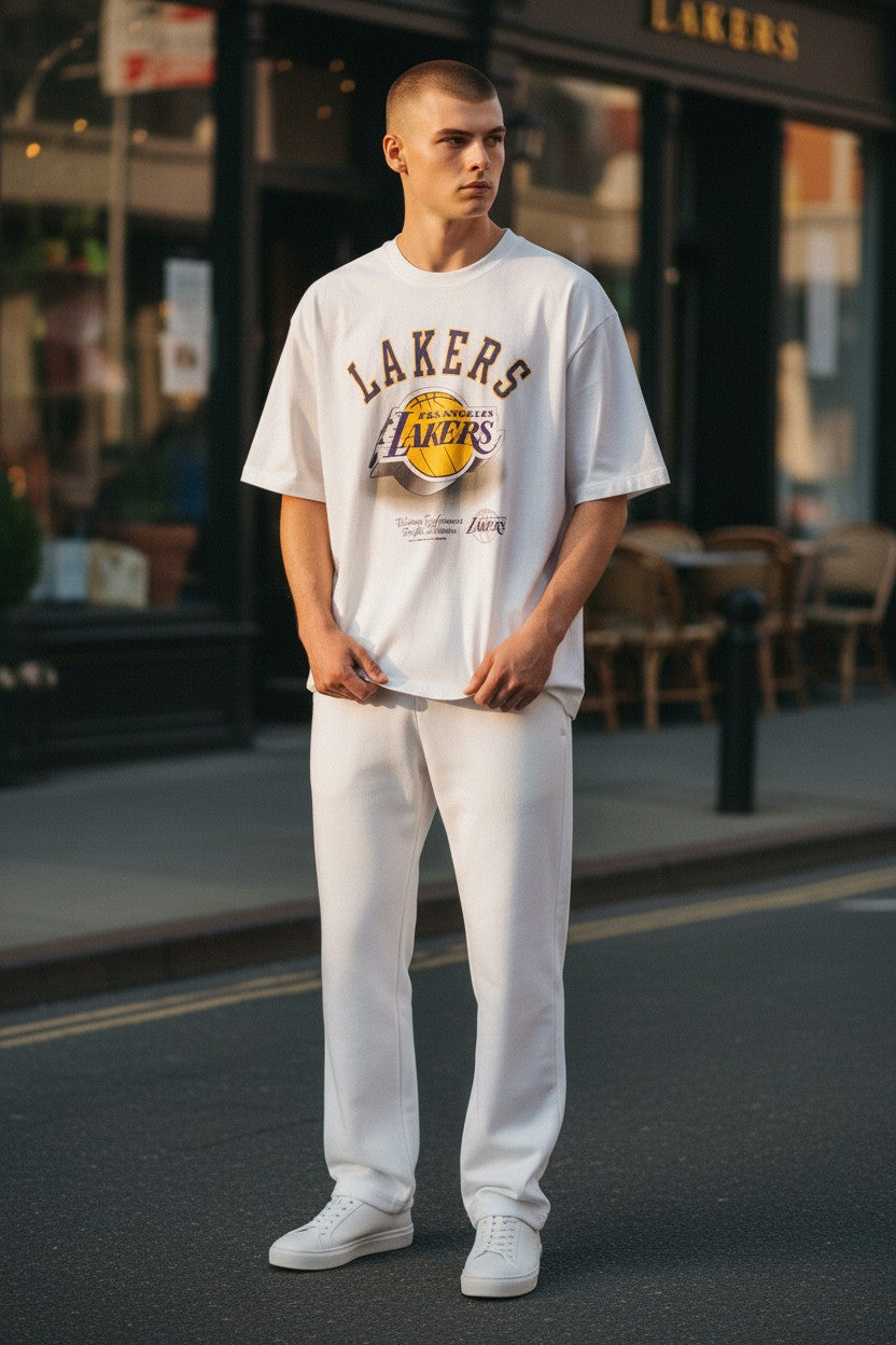 A man wearing an oversized white Los Angeles Lakers graphic t-shirt and matching white sweatpants, standing on a city street in front of a storefront. NBA, Monza Outlet, Monza Fashion, Shein Outlet