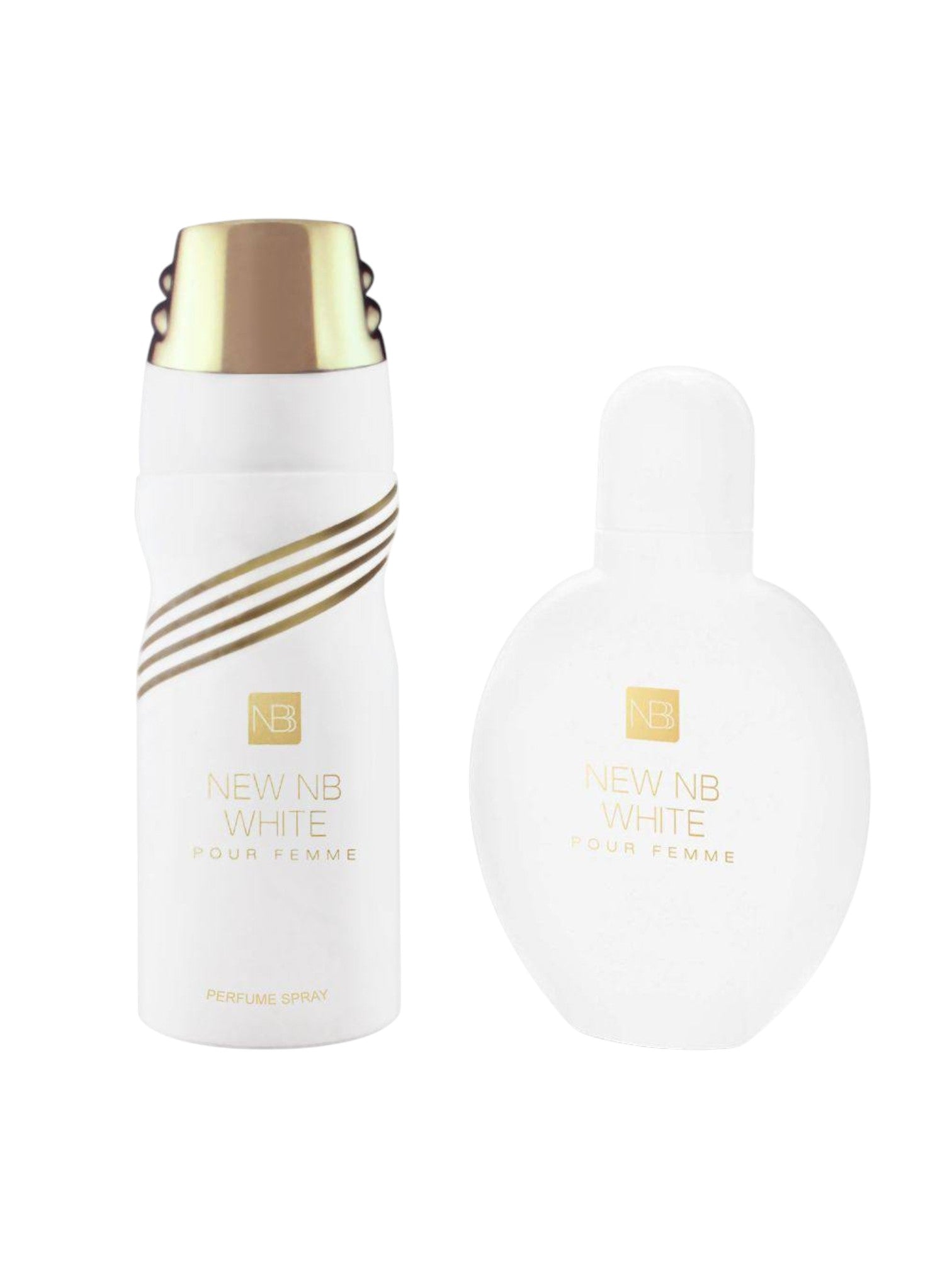 White perfume bottles with gold accents on a white background. New NB, Monza Outlet, Monza Fashion, Shein Outlet