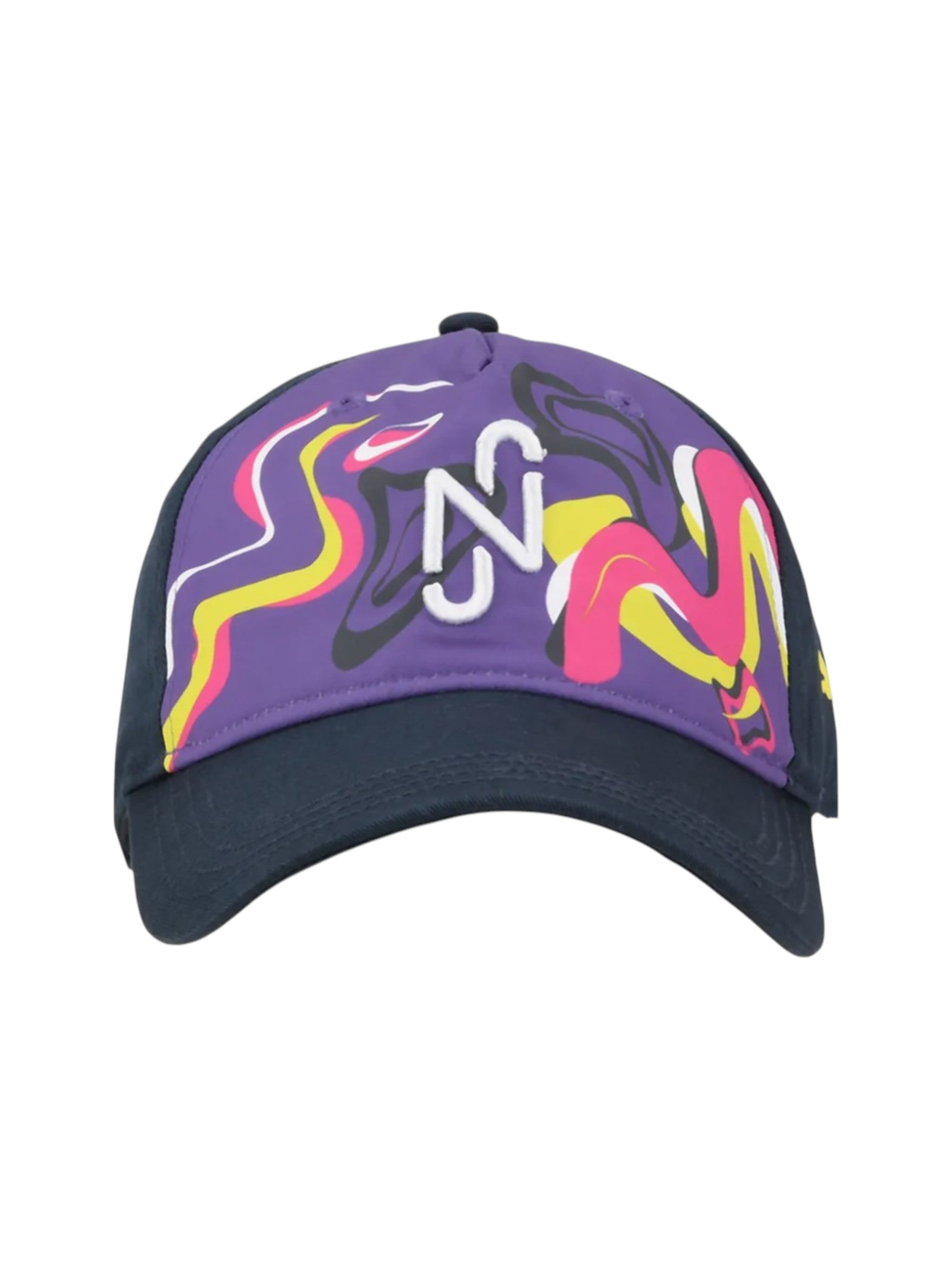 Purple and black cap with colorful designs on a white background monza outlet, Shein outlet, monza fashion