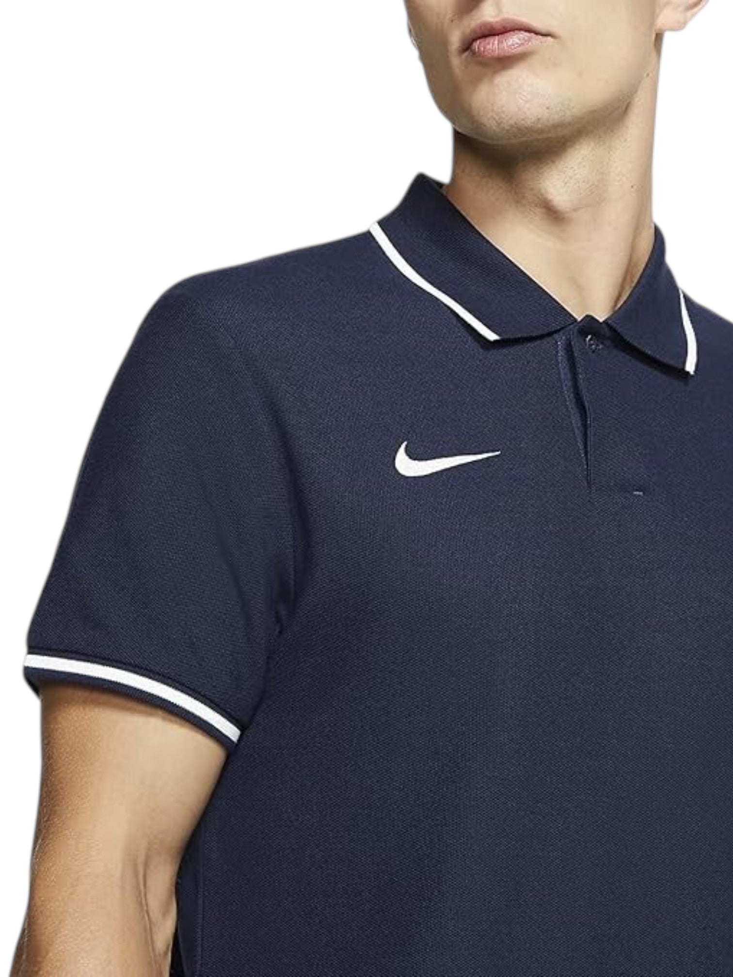 Navy blue polo shirt with white trim worn by a person on a white background. Nike, Monza Outlet, Monza Fashion, Shein Outlet