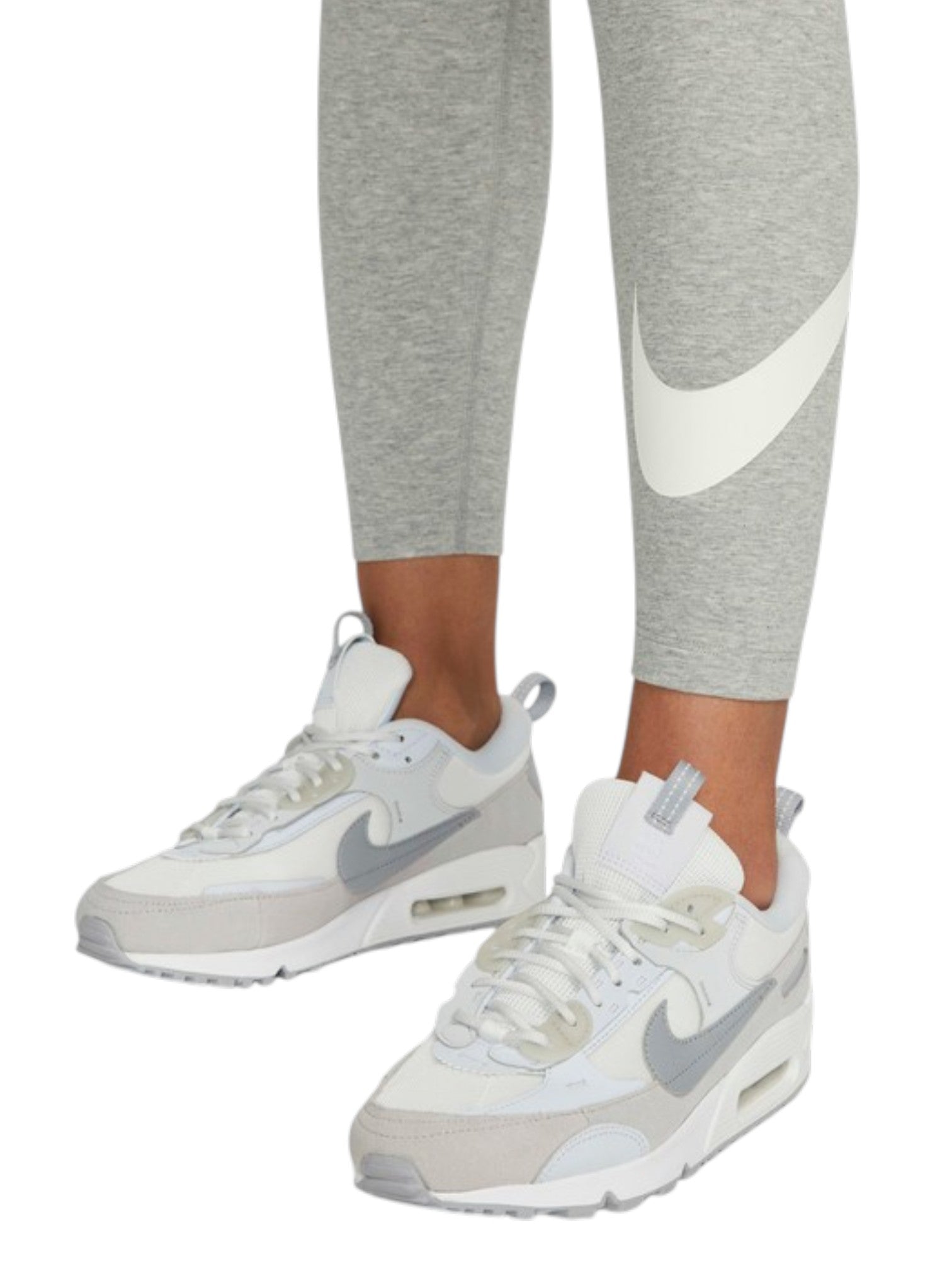 White Nike sneakers with gray accents worn with gray leggings featuring a logo. Nike, Monza Outlet, Monza Fashion, Shein Outlet