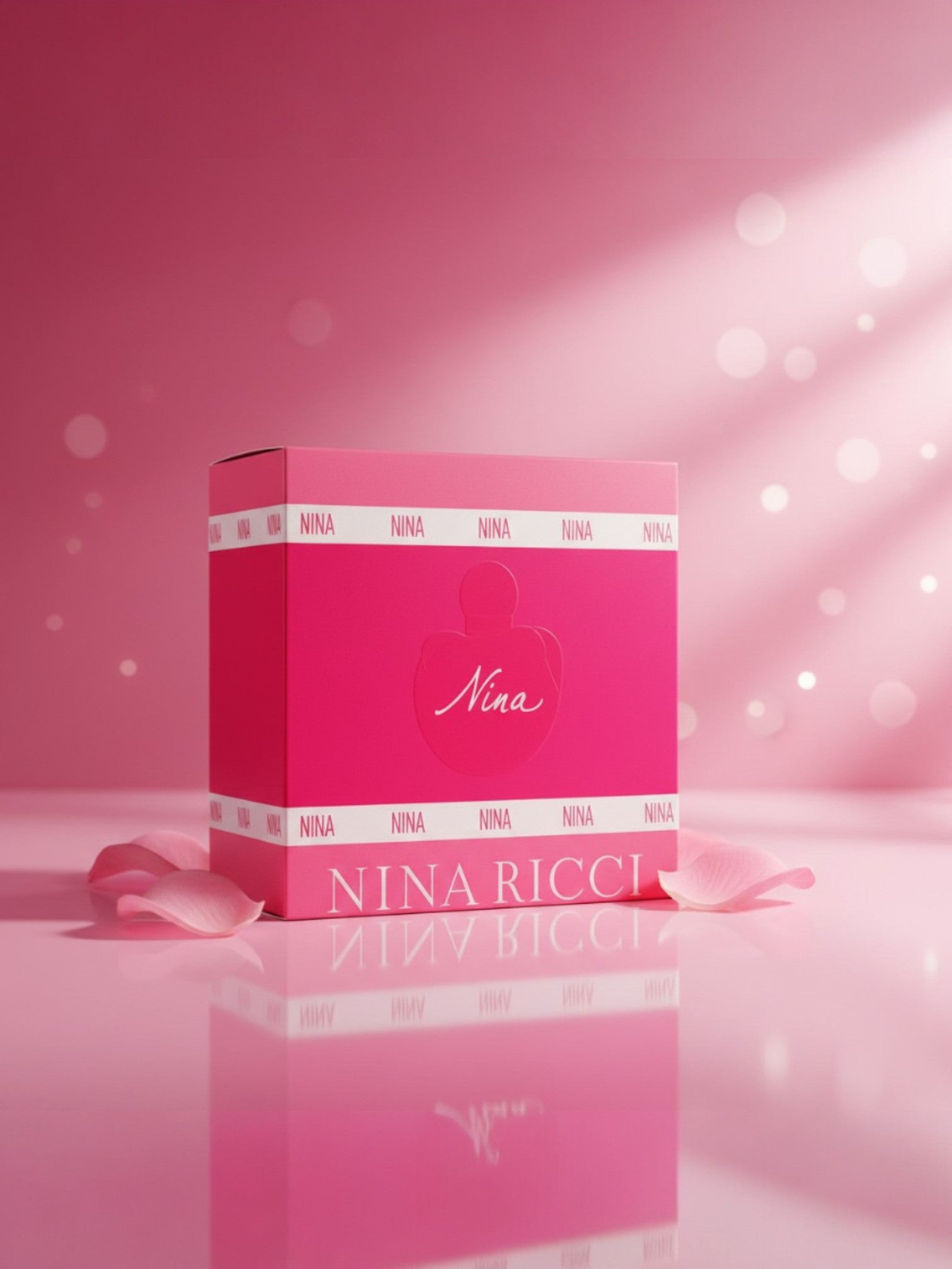 Pink Nina Ricci perfume box on a pink background. Nina Ricci, Monza Outlet, Monza Fashion, Shein Outlet