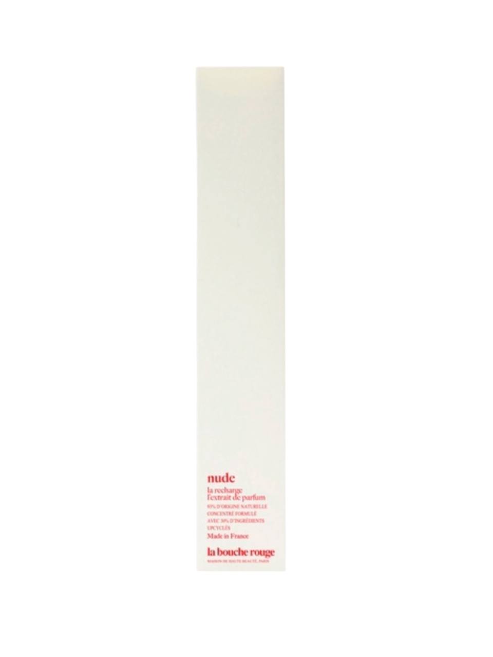 White cylindrical container with red text on a white background