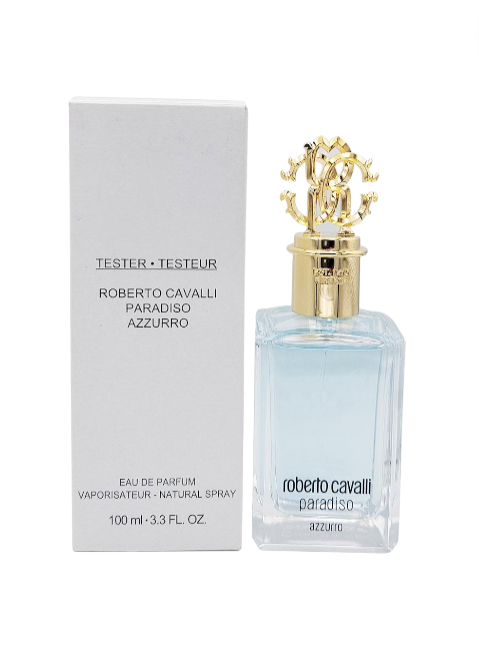 Roberto Cavalli Paradiso Azzurro perfume bottle with packaging on a white background monza outlet, Shein outlet, monza fashion