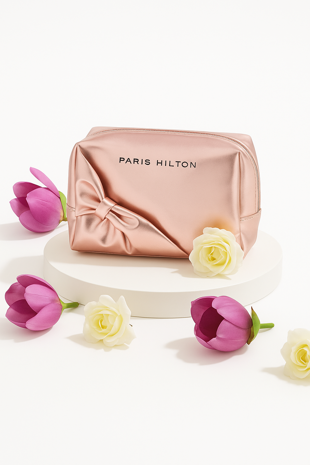 Pink cosmetic bag with Paris Hilton branding on a white background with flowers. Paris Hilton Monza Outlet