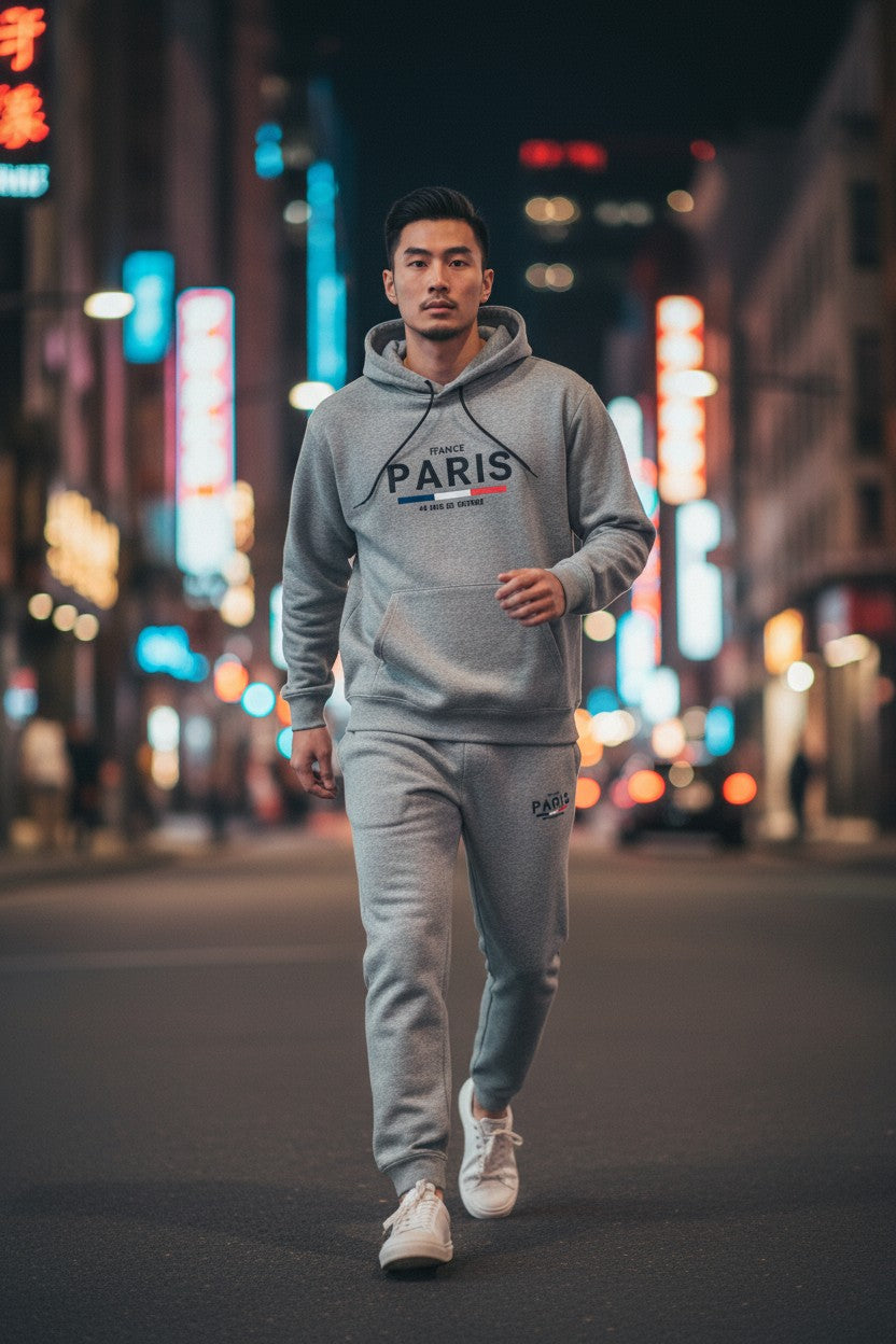 Man walking on a city street at night wearing a gray hoodie with PARIS text. Antler, Monza Outlet, Monza Fashion, Shein Outlet