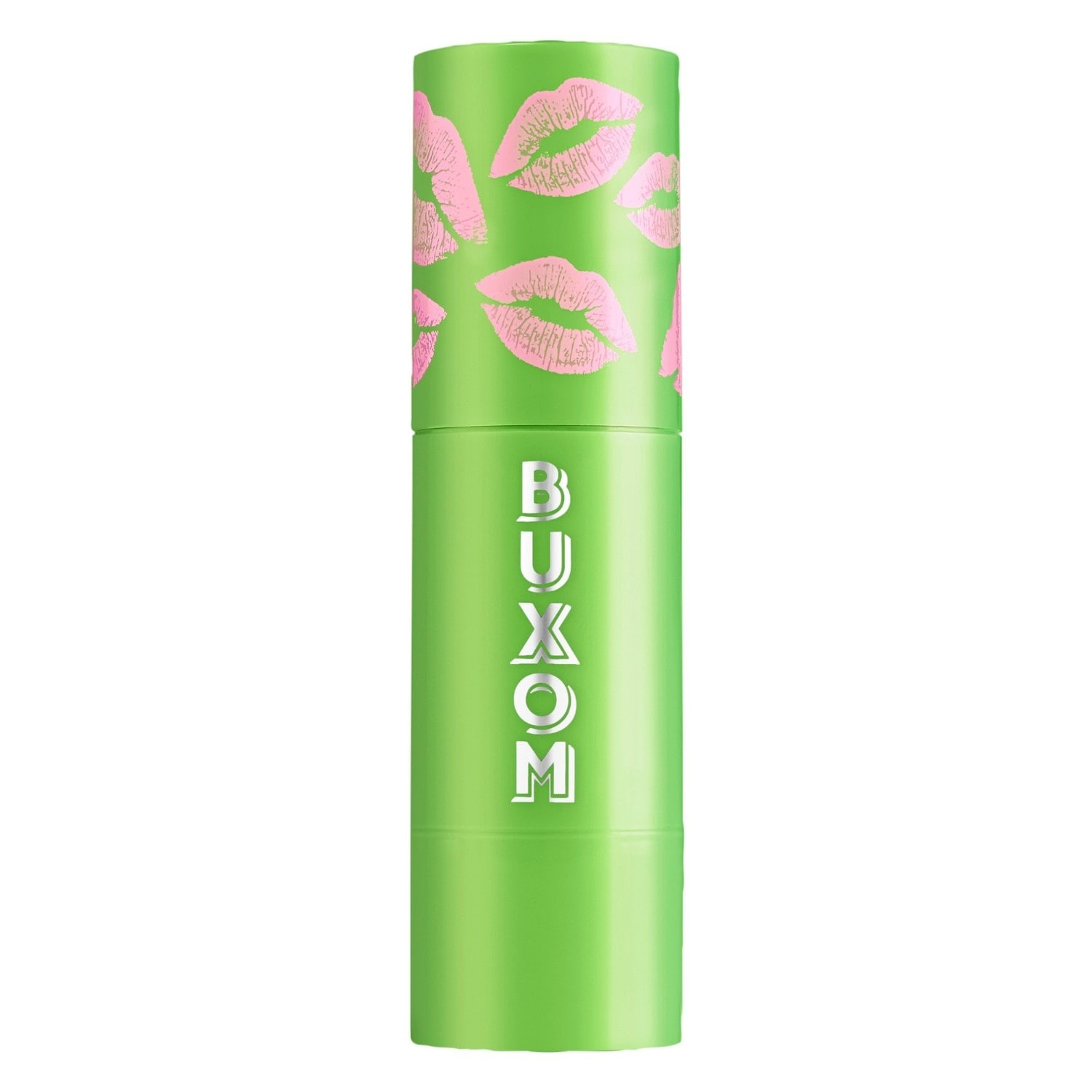 Green Buxom lip balm container with pink lip prints on a white background Monza Outlet