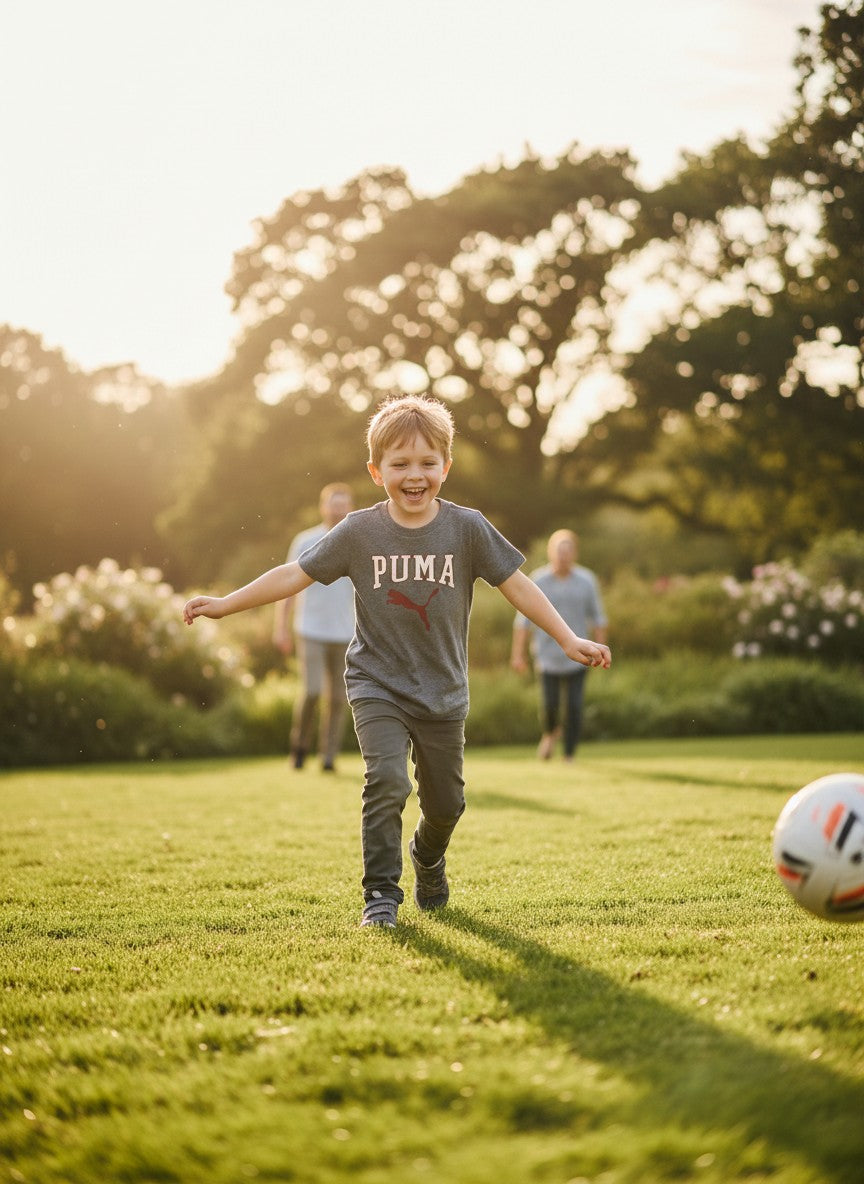 Child running on a grassy field with a soccer ball, trees in the background. Puma, Monza Outlet, Monza Fashion, Shein Outlet