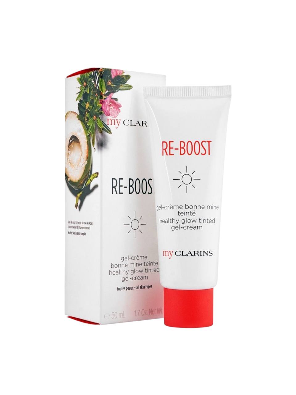 Clarins Re-Boost skincare product packaging on a white background monza outlet, Shein outlet, monza fashion
