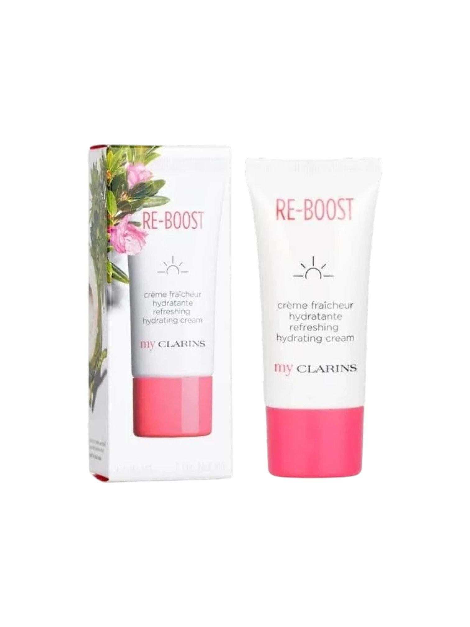 Clarins Re-Boost cream packaging with floral design on a white background. Clarins, Monza Outlet, Monza Fashion, Shein Outlet