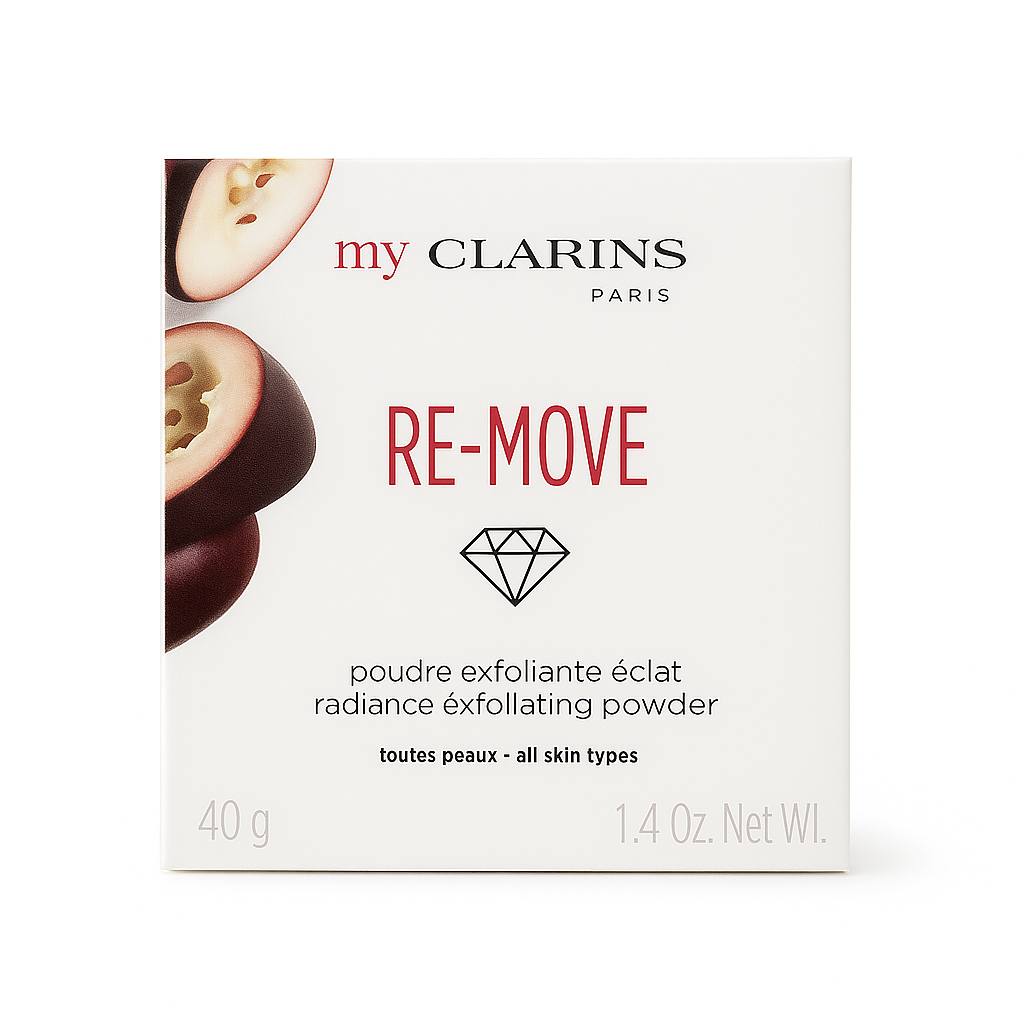 Clarins Re-Move radiating exfoliating powder packaging on a white background monza outlet, Shein outlet, monza fashion