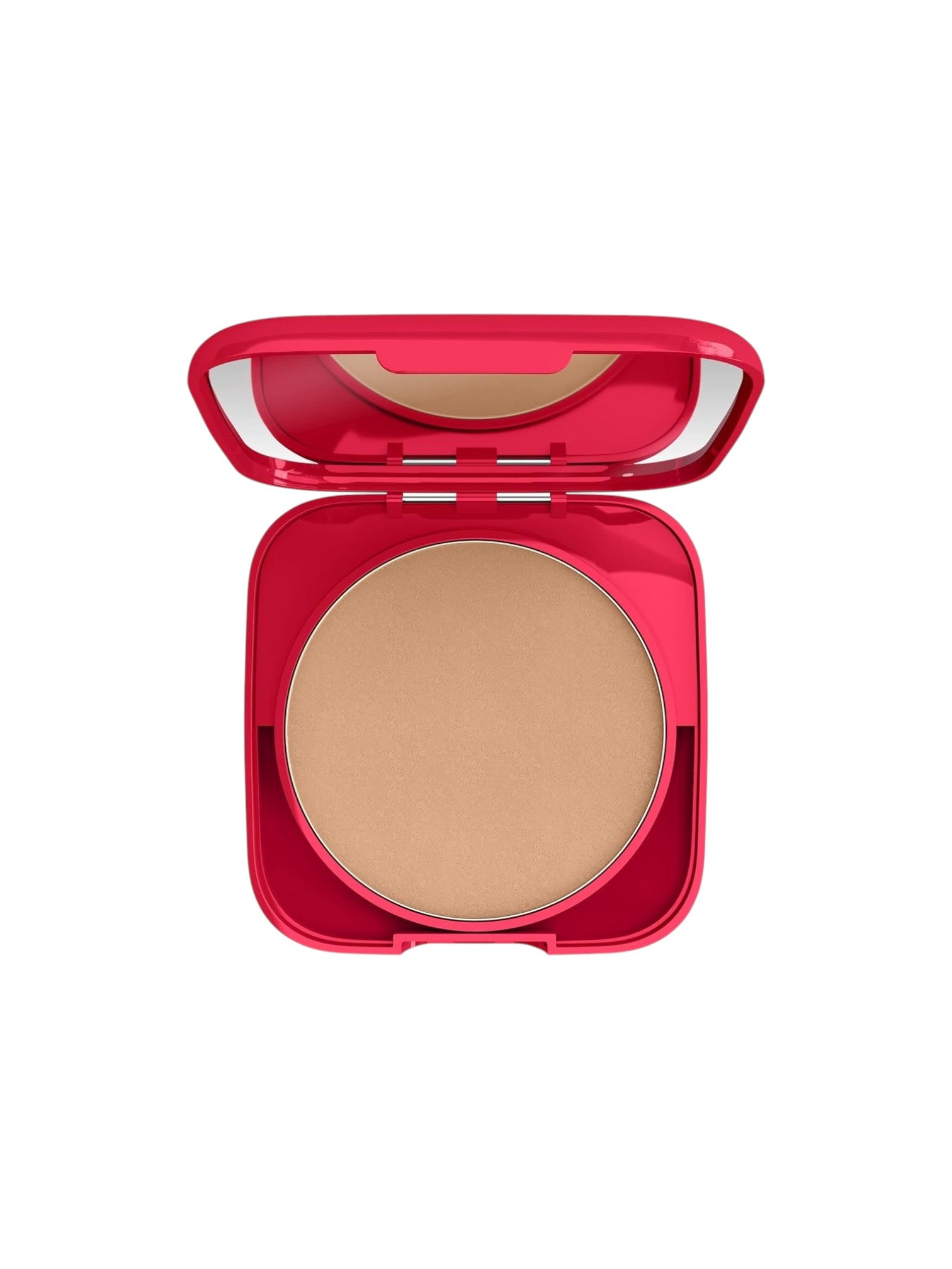 Compact powder in a red case on a white background. Rimmel London, Monza Outlet, Monza Fashion, Shein Outlet