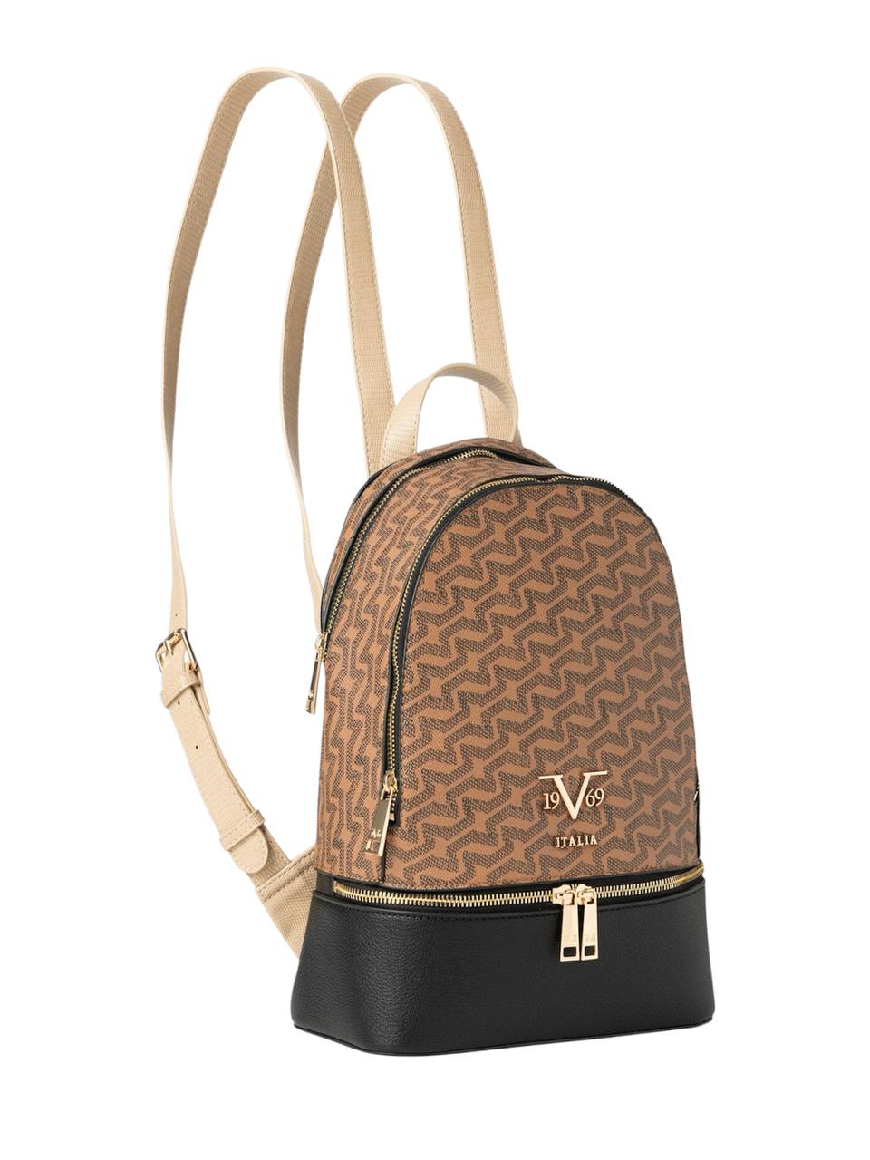 Brown and black patterned backpack with beige straps on a white background monza outlet, Shein outlet, monza fashion