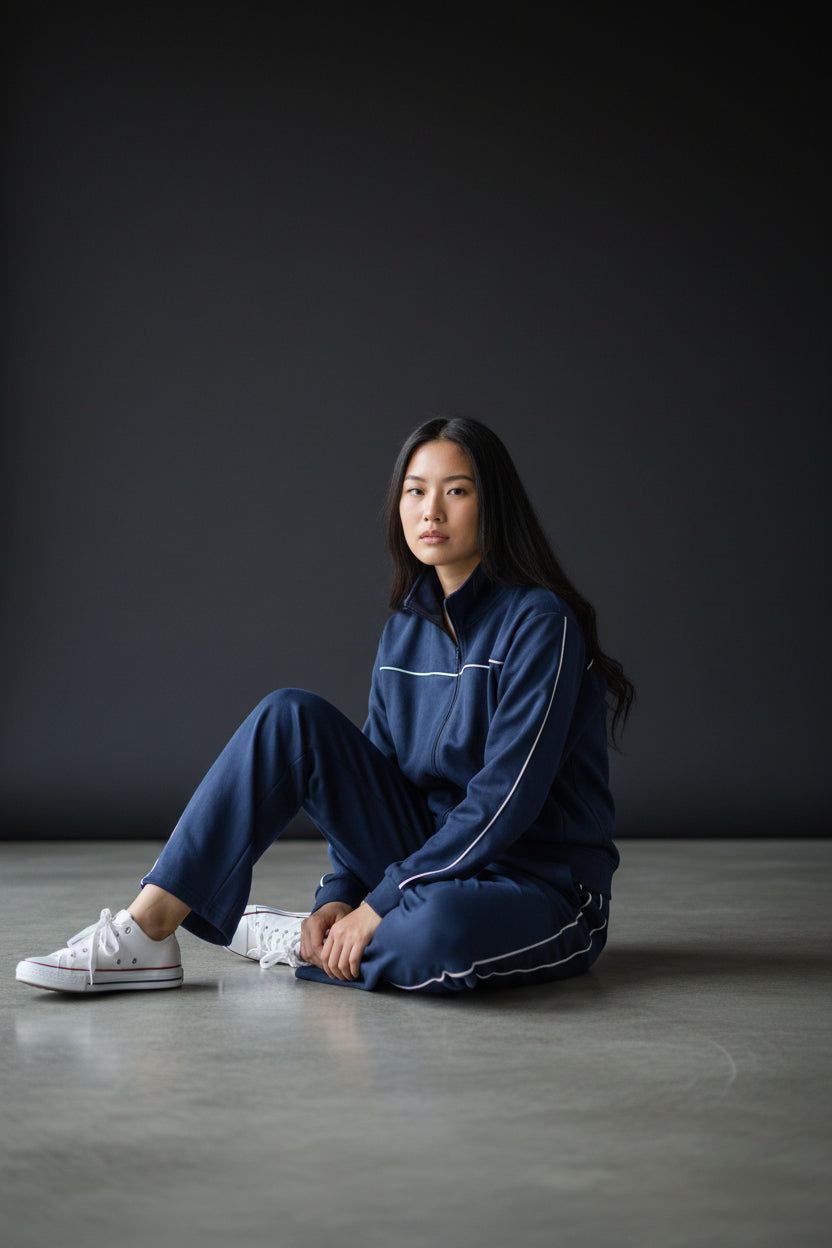 Person wearing a blue tracksuit sitting on the floor against a dark background. Roncato, Monza Outlet, Monza Fashion, Shein Outlet