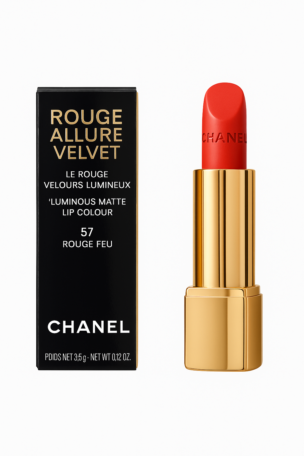 Chanel Rouge Allure Velvet lipstick with packaging on a white background. Monza Outlet