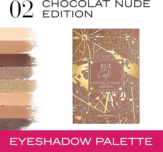 Eyeshadow palette with map design and Bourjois branding, labeled Rue du Cafe Chocolate Nude Edition. Monza Outlet