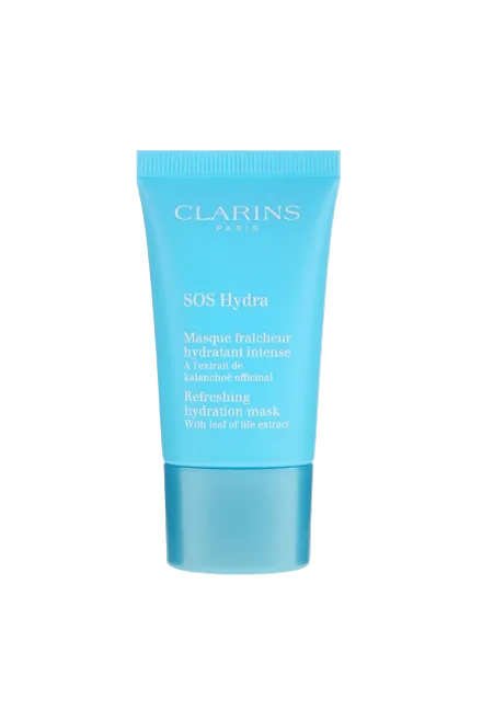 Clarins SOS Hydra refreshing hydration mask tube on a white background. Clarins, Monza Outlet, Monza Fashion, Shein Outlet