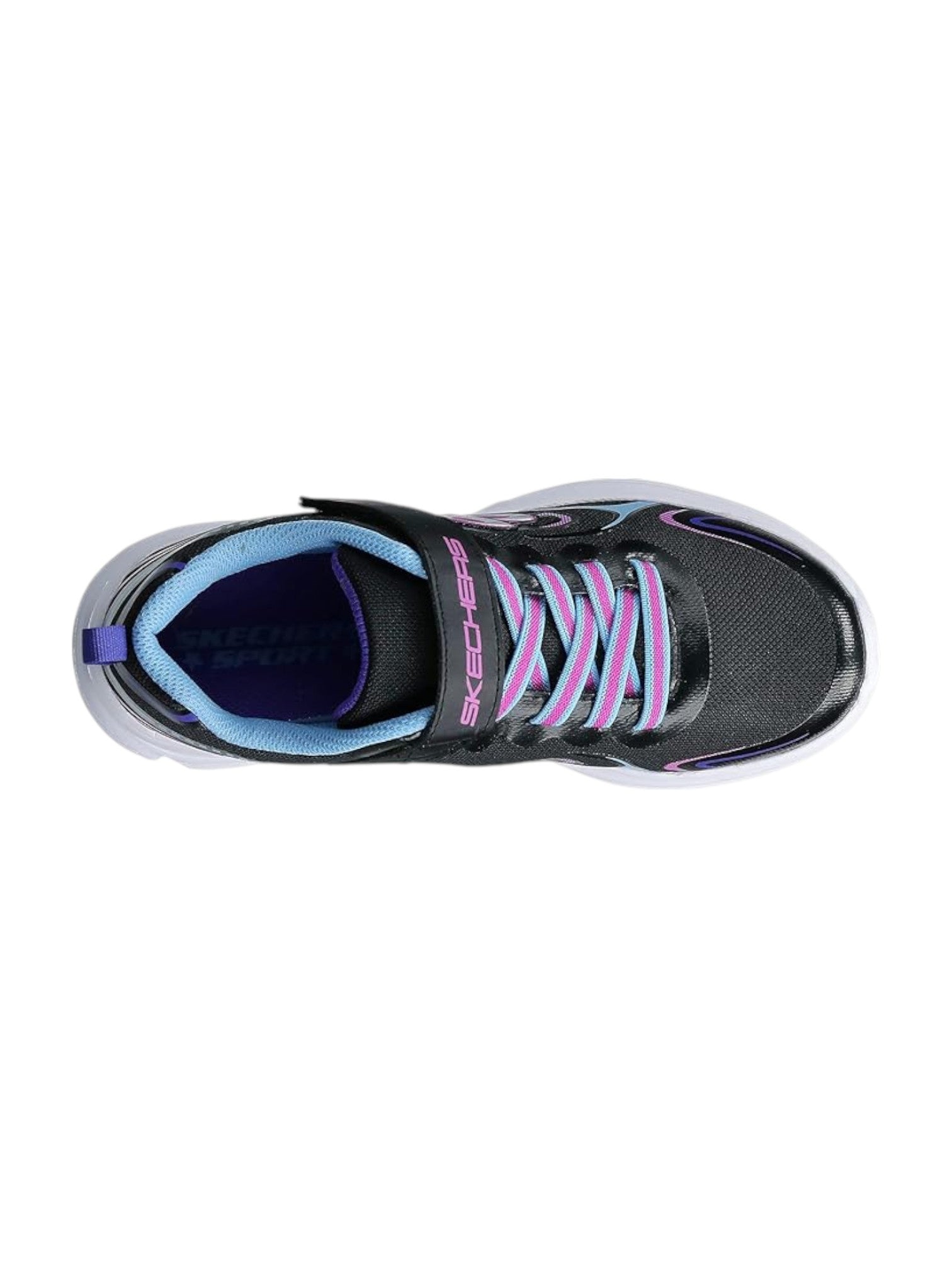Black sneaker with pink and blue accents on a white background. Skechers, Monza Outlet, Monza Fashion, Shein Outlet