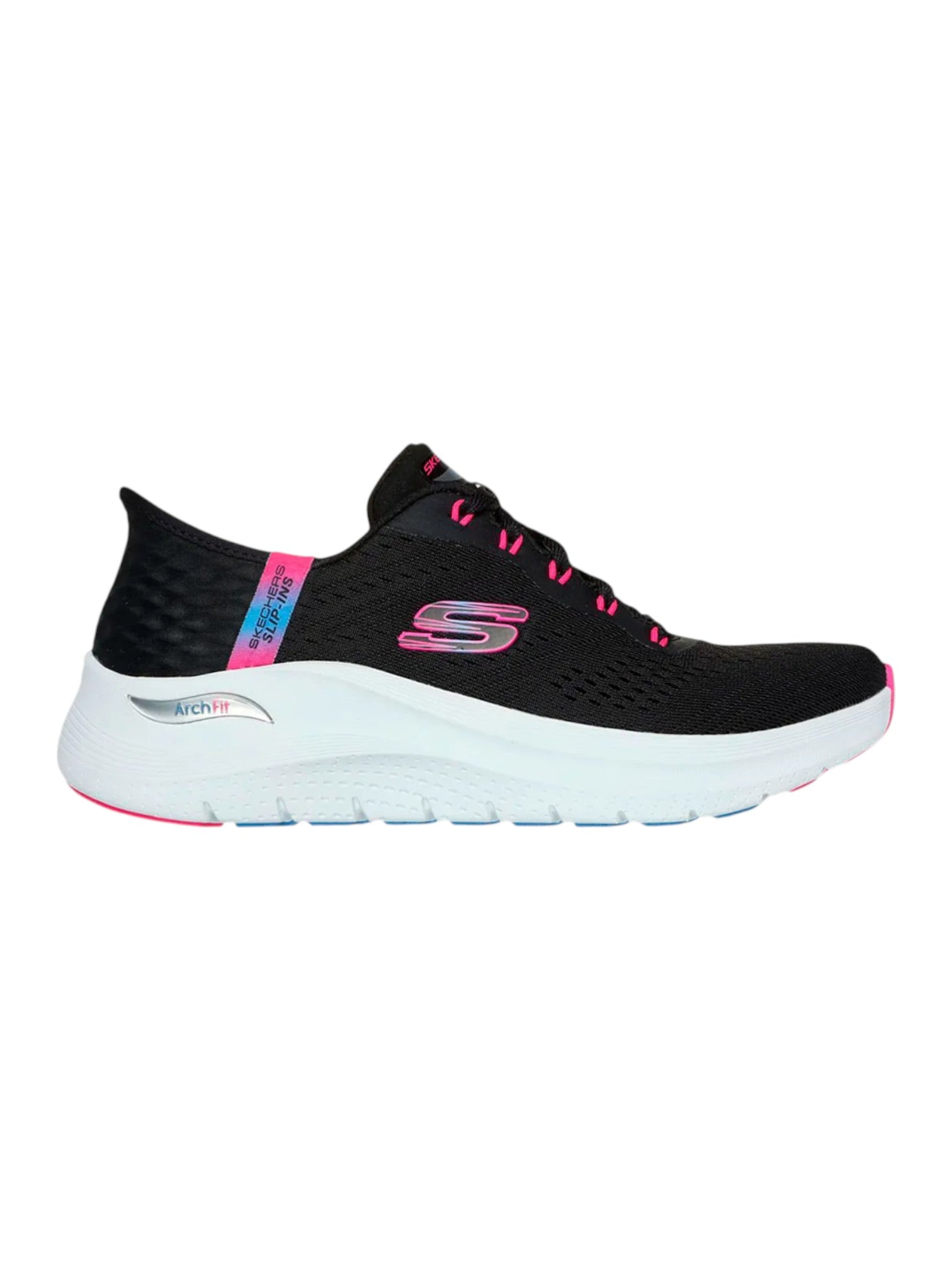 Black sneaker with pink accents on a white background. Skechers, Monza Outlet, Monza Fashion, Shein Outlet