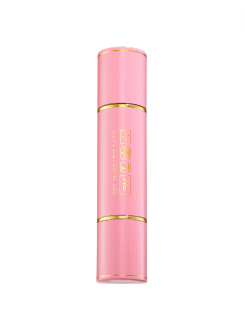 Pink cosmetic bottle with gold accents on a white background. Pat McGrath Labs Monza Outlet