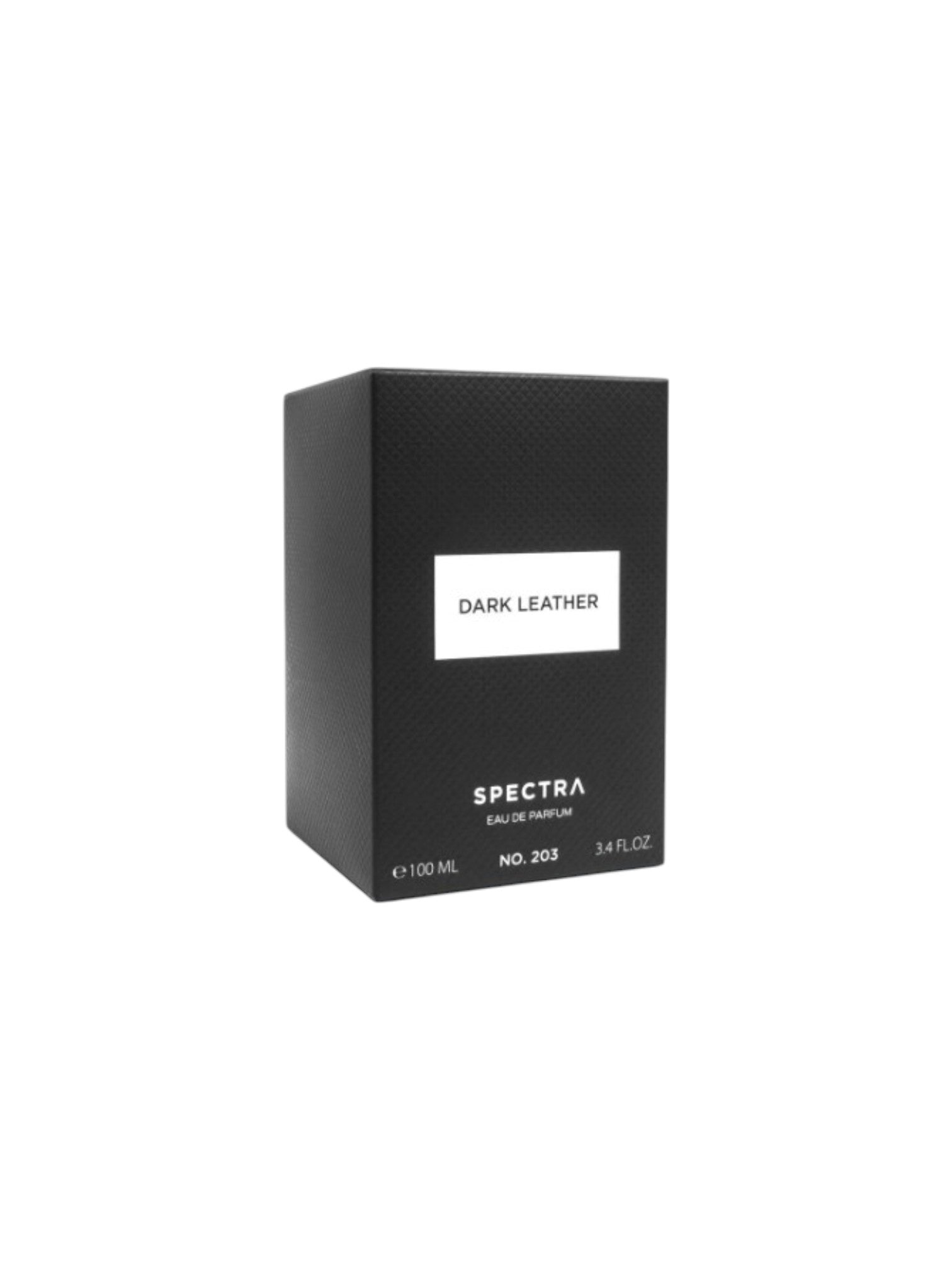 Black Spectra Dark Leather perfume box on a white background. Spectra, Monza Outlet, Monza Fashion, Shein Outlet