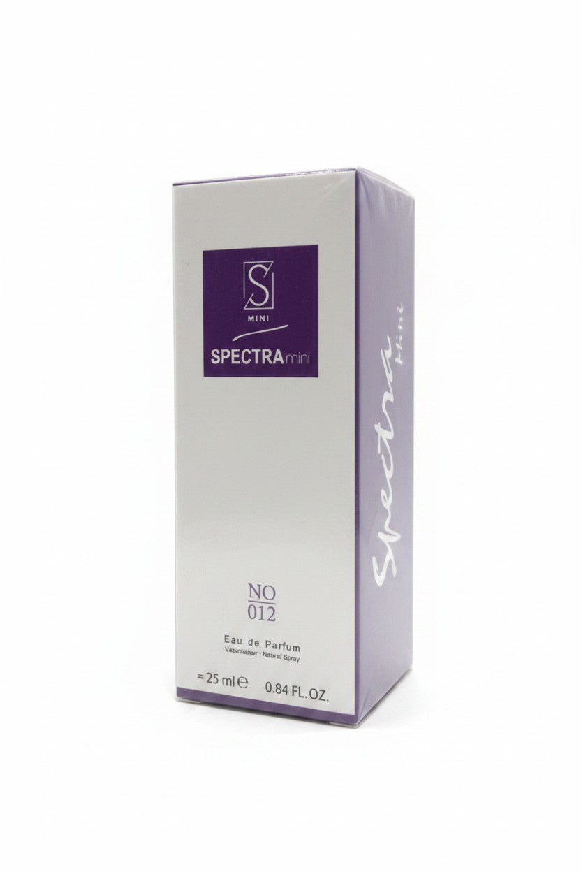 Spectra Mini No. 012 Eau de Parfum box by Scent of Fine Living, featuring a silver and lavender packaging design with a purple brand label. Spectra Mini, Monza Outlet, Monza Fashion, Shein Outlet