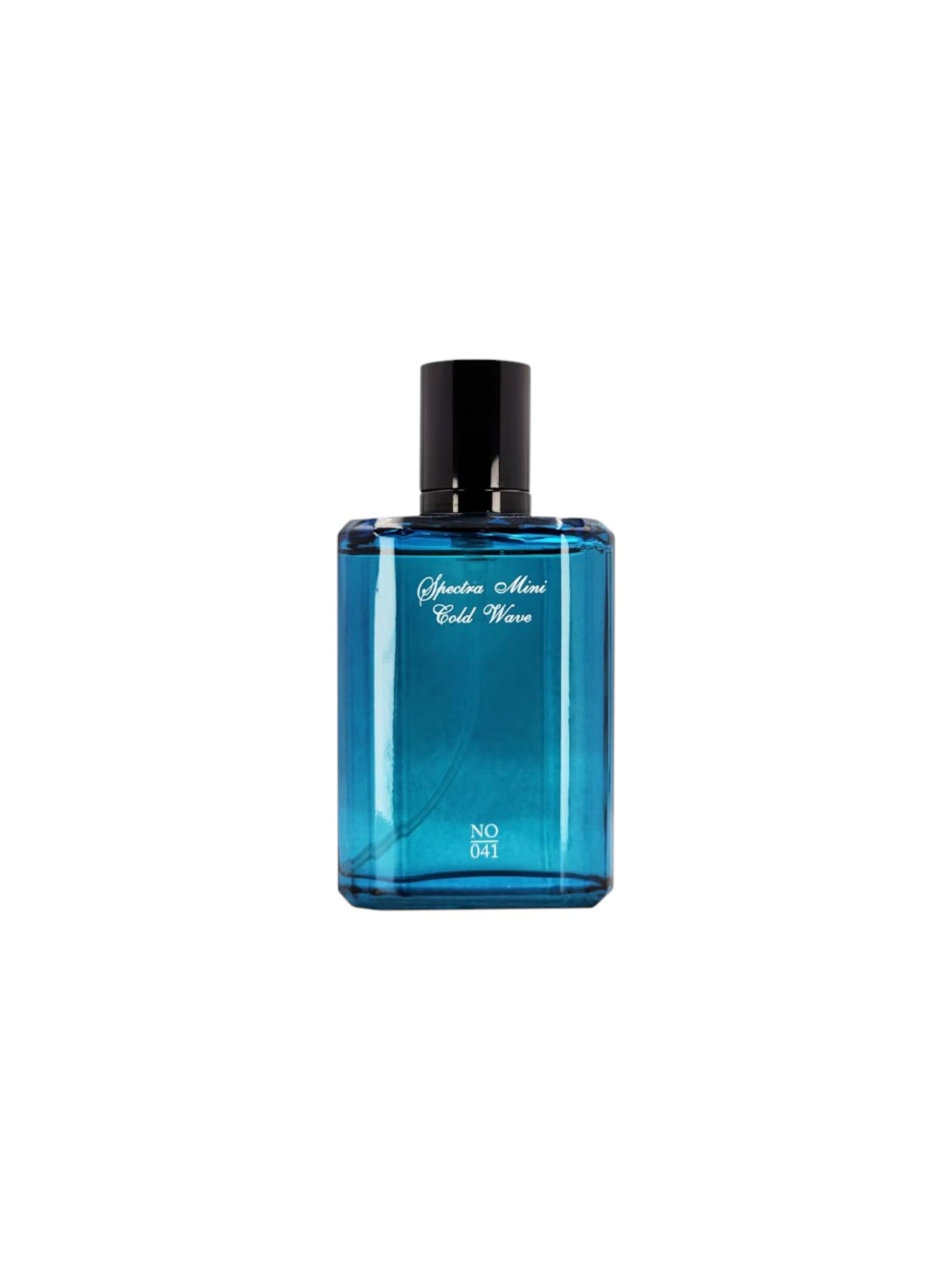 Blue perfume bottle with black cap on a white background. Spectra, Monza Outlet, Monza Fashion, Shein Outlet