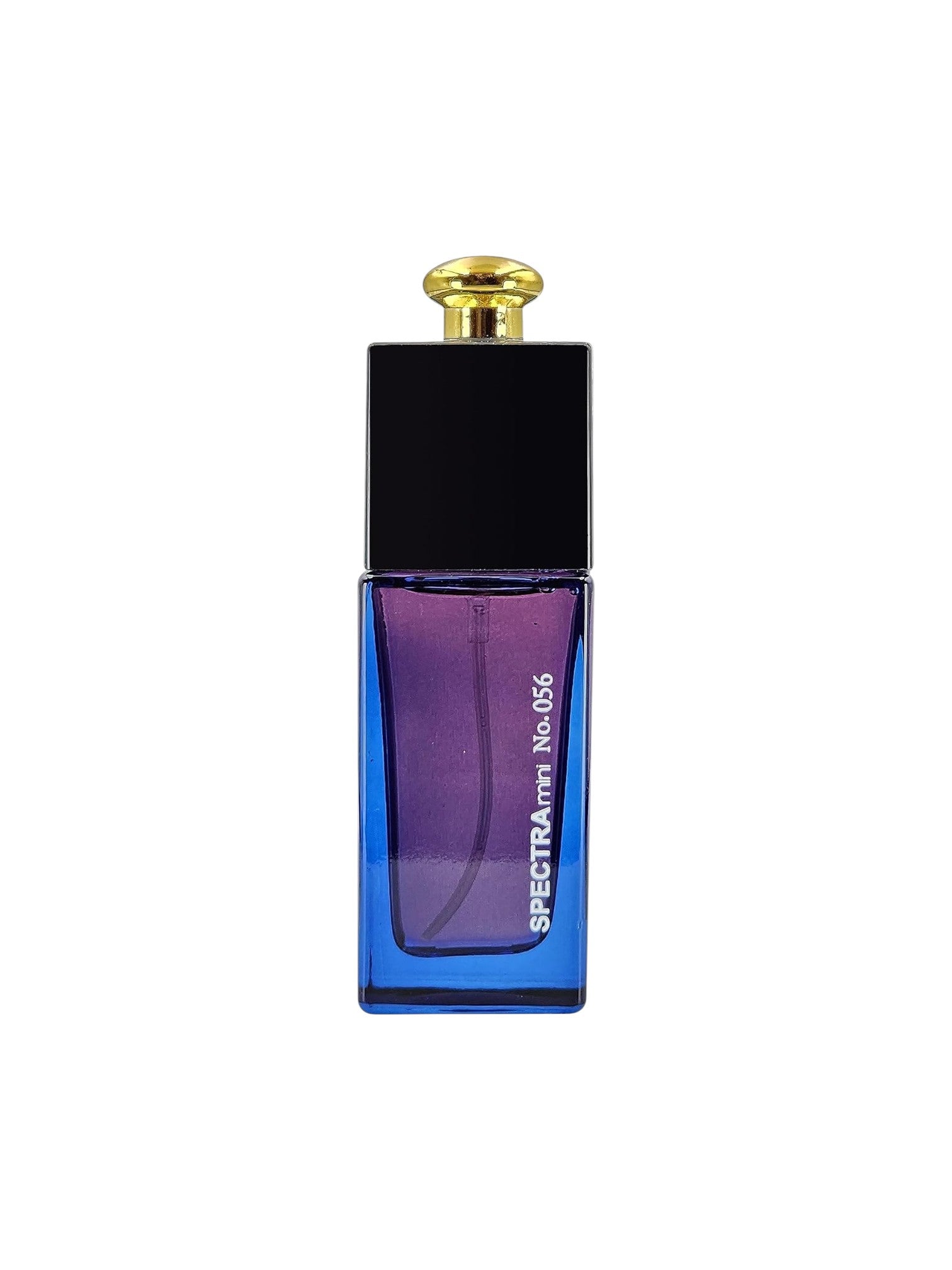 Spectra Vee No.056 perfume bottle with a blue and purple gradient glass body, a black rectangular cap, and a gold cap finial, shown on a plain white background. Spectra Mini, Monza Outlet, Monza Fashion, Shein Outlet